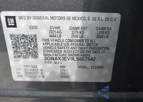 2020 Chevrolet Equinox Fwd 2Fl from USA, damaged, VIN 3GNAXJEV0LS657542